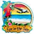 A colorful refrigerator magnet featuring an illustration of an airplane in the background, and the text 'Fun in the Sun'.
