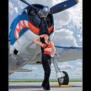 A poster featuring a woman standing in front of a vintage airplane with 'Wings of Angels' text and a logo at the bottom.