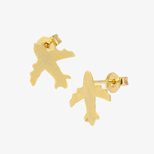 A pair of gold-colored jet cut-out earrings with a brushed finish, designed in the shape of airplanes.