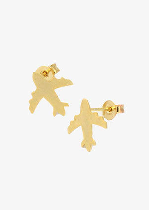A pair of gold-colored jet cut-out earrings with a brushed finish, designed in the shape of airplanes.