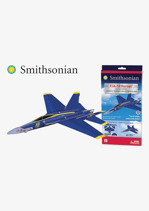 A blue model airplane with 'Smithsonian' branding on the packaging, indicating it is a Smithsonian-branded toy airplane.