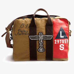 A tan-colored duffel bag with a Boeing B-17 logo and a U.S.