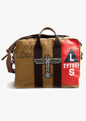 A tan-colored duffel bag with a Boeing B-17 logo and a U.S.